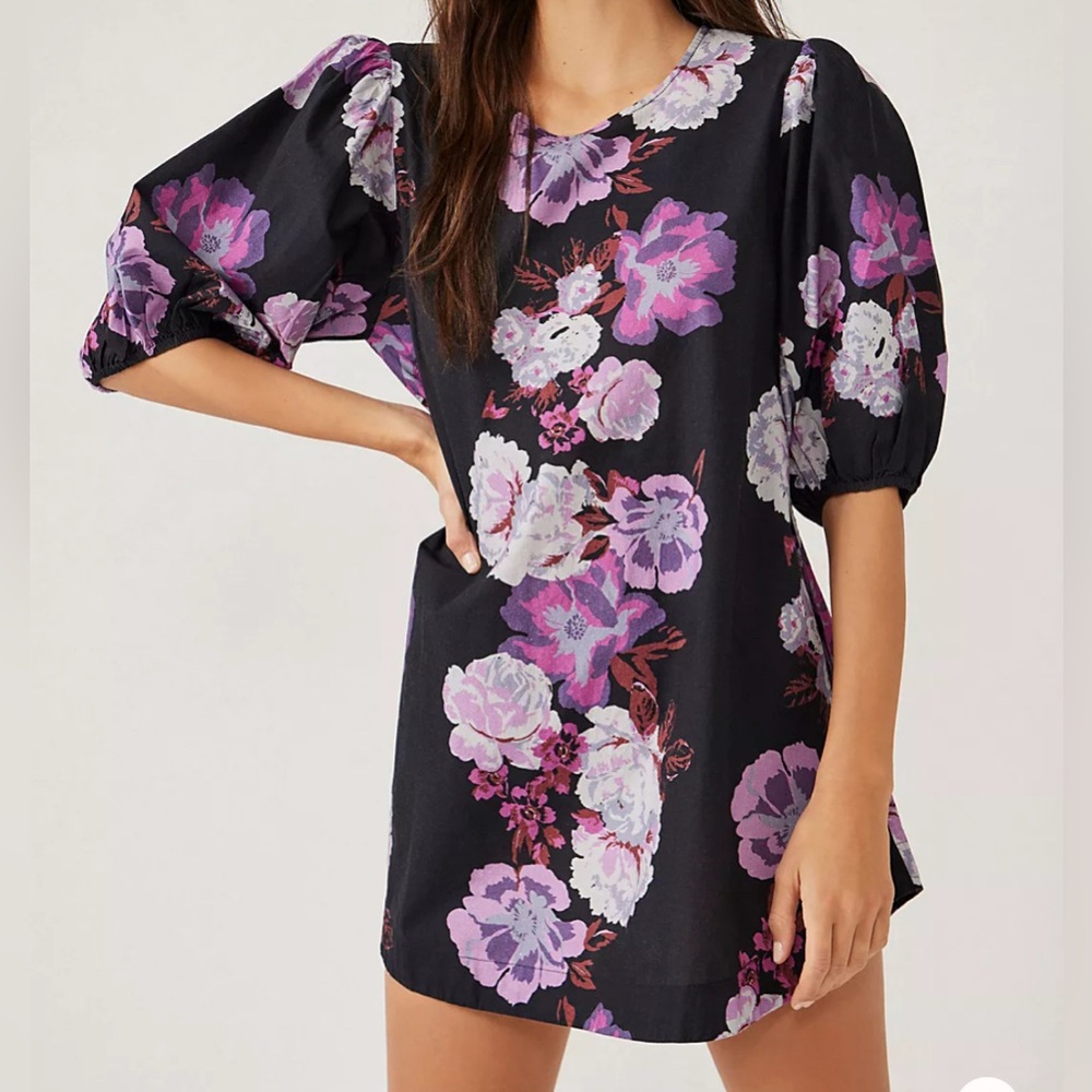 Free People Black and Purple Puff Sleeve Tunic